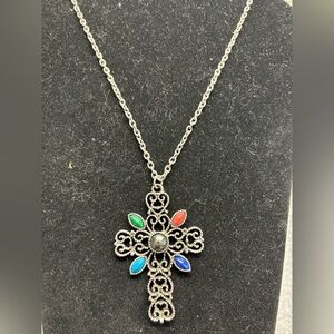 Silver Tone Cross Pendant Necklace with Multicolor Accents
